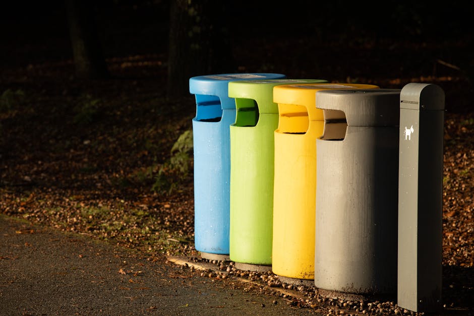 Outside on a paved walking path adjacent to a grassy area with trees in the background, four colourful household waste bins are lined up next to each other, each with a distinct colour and material. From left to right, the first bin is blue, made of plastic, with a rounded top and a large front-opening slot for general waste; the second bin is green, also of plastic, with a similar rounded top and a front slot for recycling; the third bin is yellow, made of plastic, with a slightly more angular appearance and a front opening designated for paper or packaging waste. The fourth bin is grey, constructed from a different material such as concrete or metal, with a rounded, flat top and a front slot likely for organic waste or specific recycling. To the right of the bins stands a slim, grey, plastic or metal bollard indicating the presence of a pet waste collection point with a small icon of a dog. The scene suggests a communal waste disposal area, possibly associated with a home relocation or moving process managed by Man with Van Thamesmead, and the lighting indicates late afternoon or early evening.